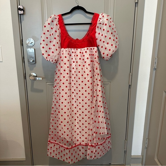 NWT For Love & Lemons Rhoda Midi Dress Size XS Red Polka Dot Sheer Rosette - Picture 4 of 8